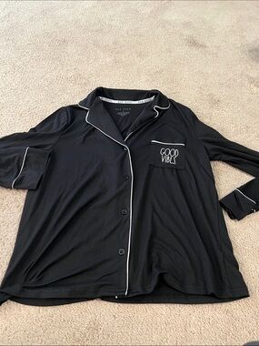 Rae Dunn Black Tee with Contrasting White Logo Tape